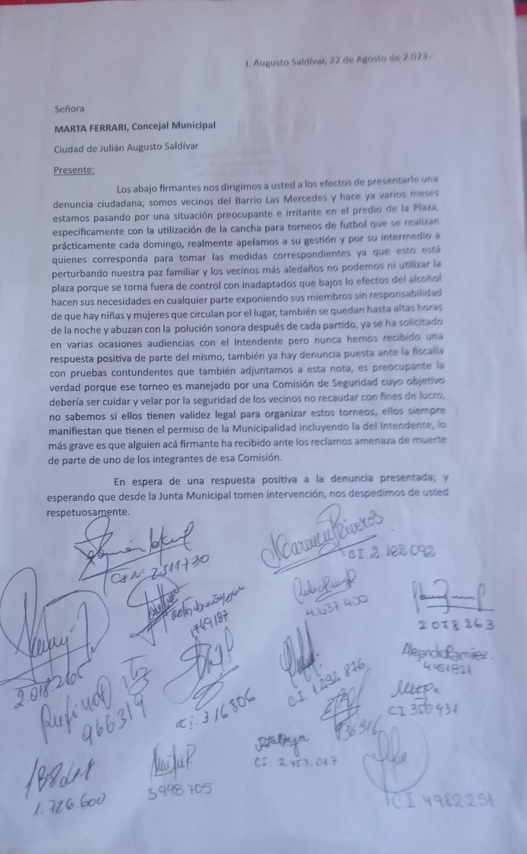 Nota enviada por vecinos del barrio La Merced a la junta municipal de J. Augusto Saldivar.