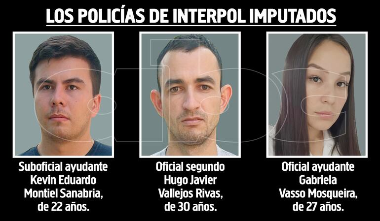 Suboficial ayudante Kevin Eduardo Montiel Sanabria, de 22 años, imputado por seis hechos punibles. Oficial segundo Hugo Javier Vallejos Rivas, de 30 años, imputado por cuatro hechos punibles. Oficial ayudante Gabriela Vasso Mosqueira, de 27 años, imputada por dos hechos punibles.