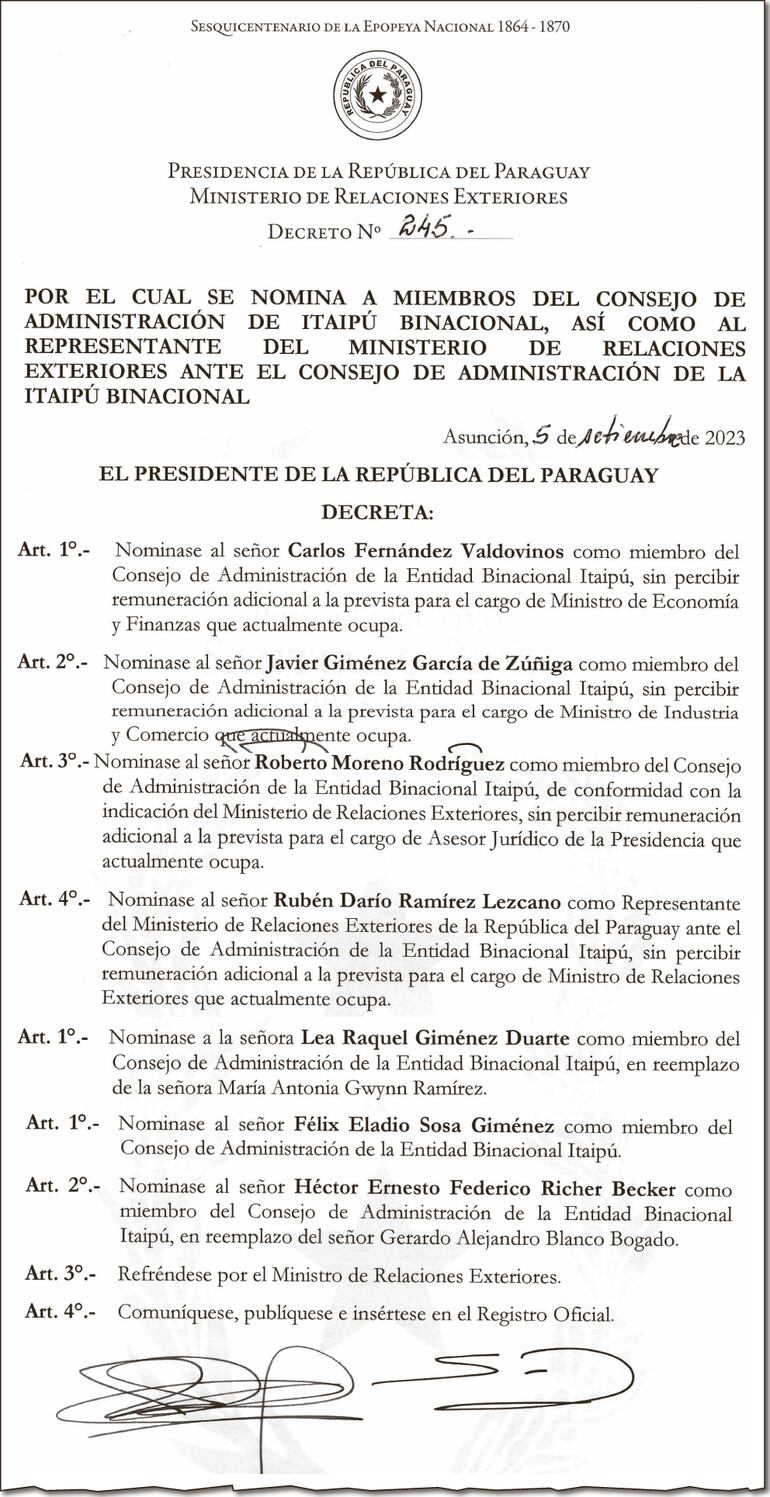 Ayer publicaron los decretos N° 245, 246 y 247 con los nuevos nombramientos de los consejeros de Itaipú y el representante de la Cancillería en la binacional.