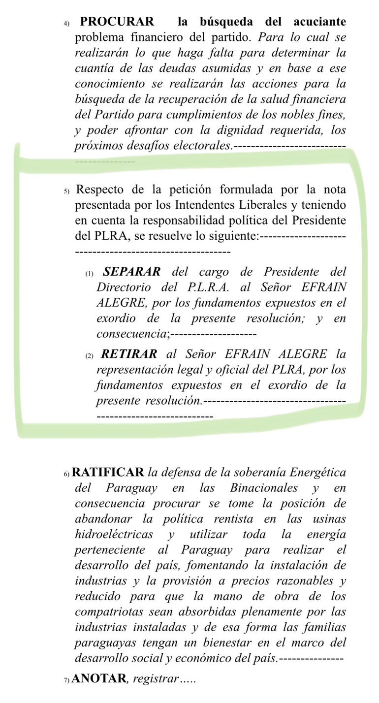 Documentos preparados por sector cartista para destituir a Efraín Alegre de la presidencia del PLRA durante la convención liberal, según denuncia de senador, Ever Villalba.