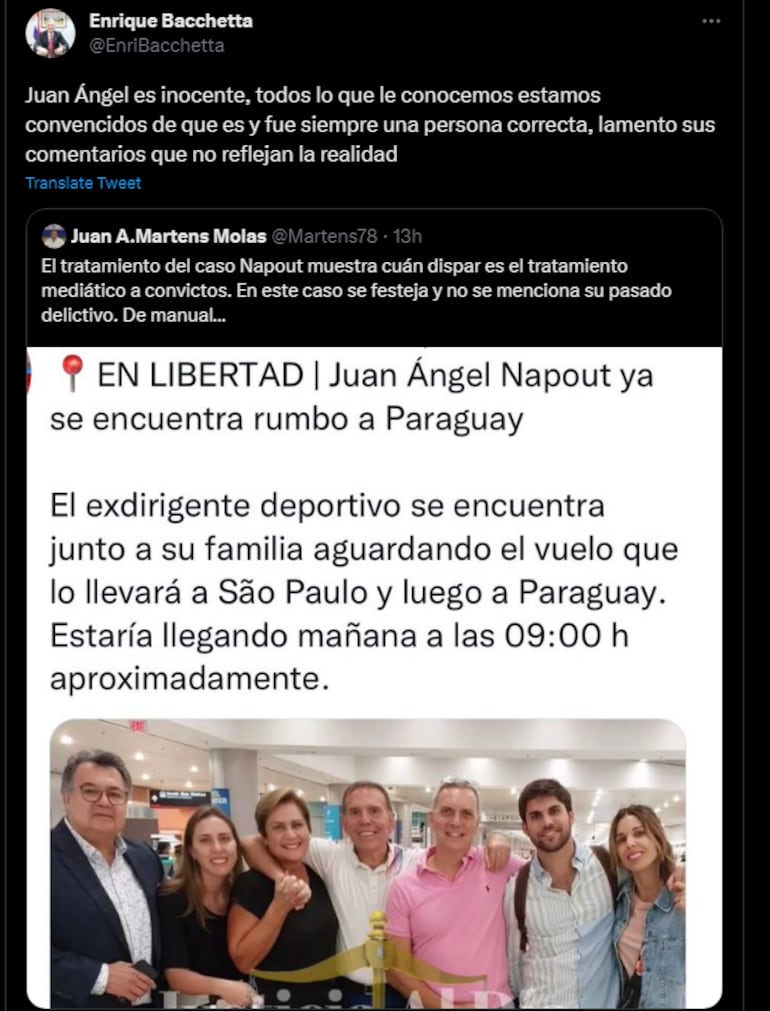 El exsenador Enrique Bacchetta dijo que Juan Ángel Napout es "inocente".