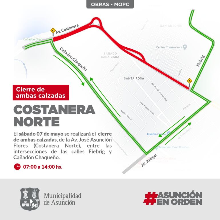 Comunicación de la municipalidad de Asunción sobre el cierre en la Costanera Norte