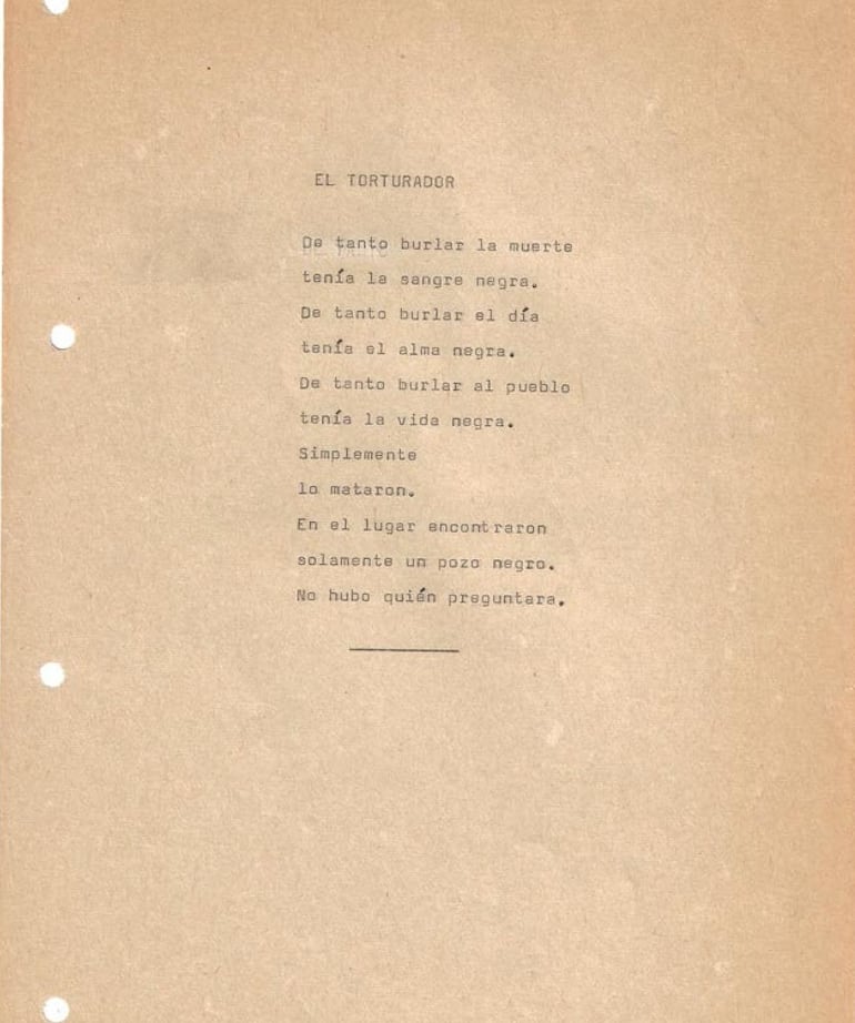 Carmen Soler: "El torturador". Publicado por primera vez en el poemario En la Tempestad (Buenos Aires, Cartago, 1986) con la dedicatoria: "A los que sabemos".