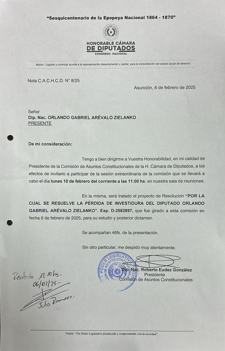 Convocatoria a Orlando Arévalo ante la Comisión de Asuntos Constitucionales de Diputados para ejercer su defensa ante el pedido de pérdida de investidura.