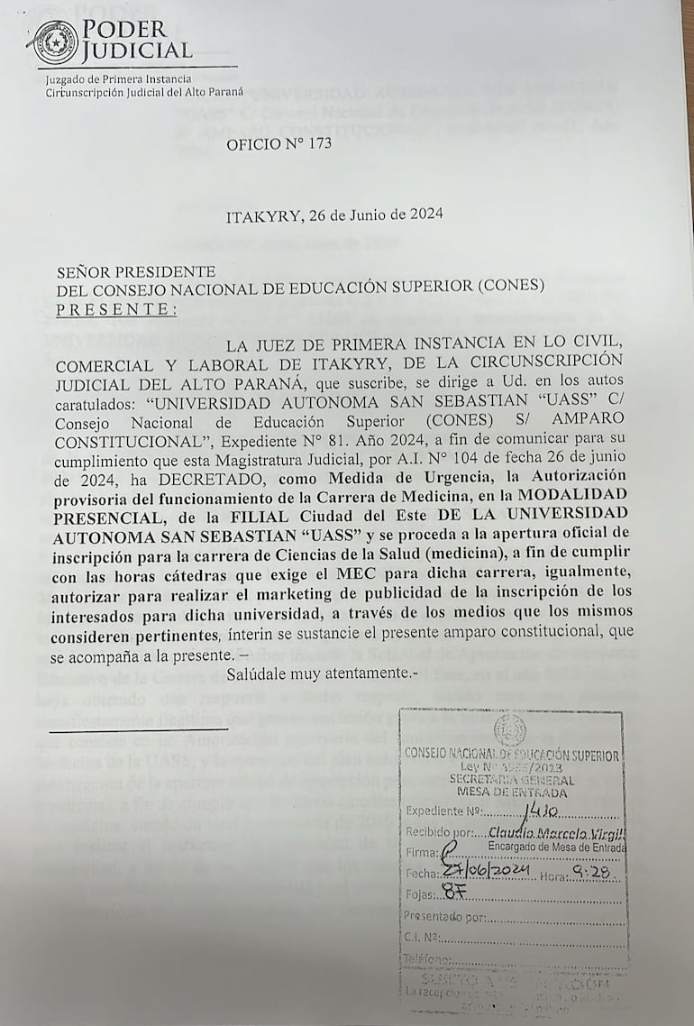 Resolución de la jueza Eresmilda Román Paiva, del primer juzgado en lo civil de Itakyry.
