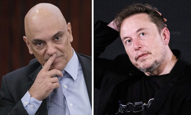 Combo de fotografías donde se observa al juez del Tribunal Supremo de Brasil Alexandre de Moraes (i) y al empresario tecnológico estadounidense Elon Musk.