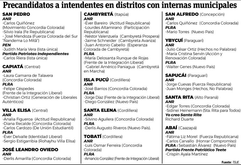 Precandidatos a intendentes en 13 distritos cuyos intendentes renunciaron.