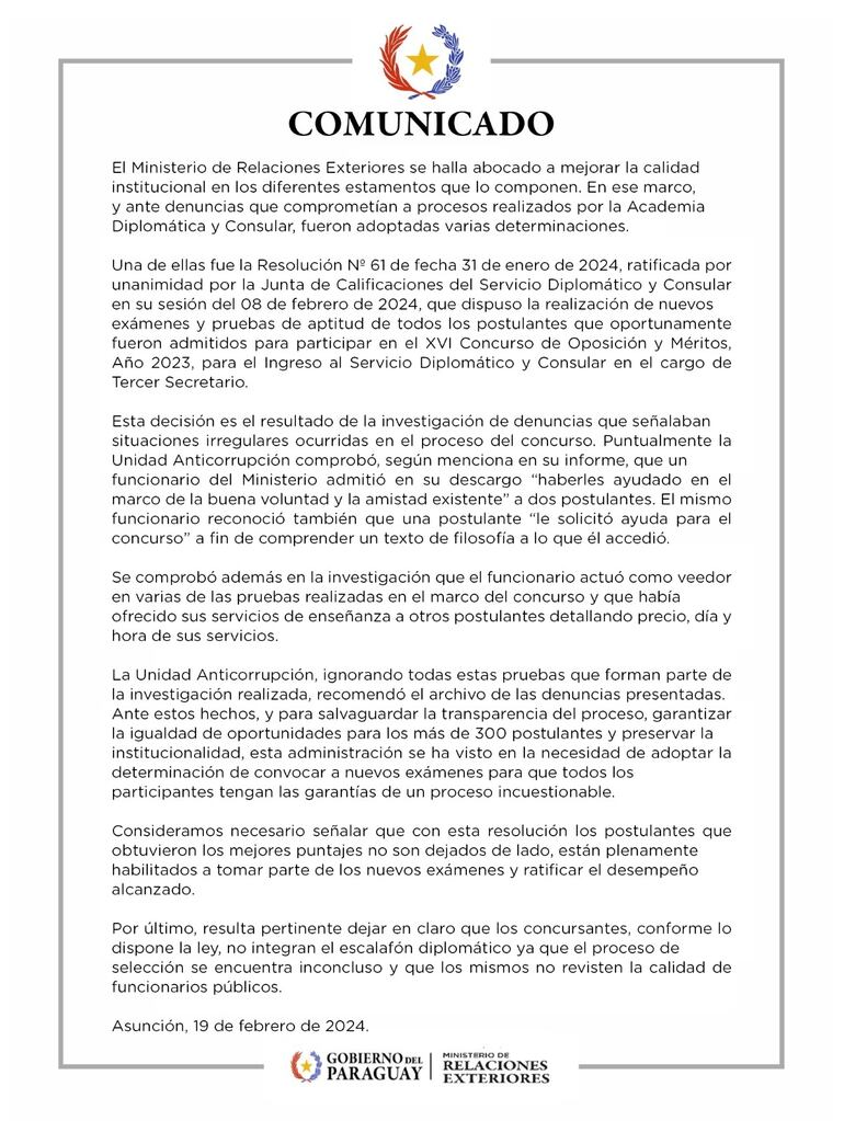 Comunicado del Ministerio de Relaciones Exteriores.