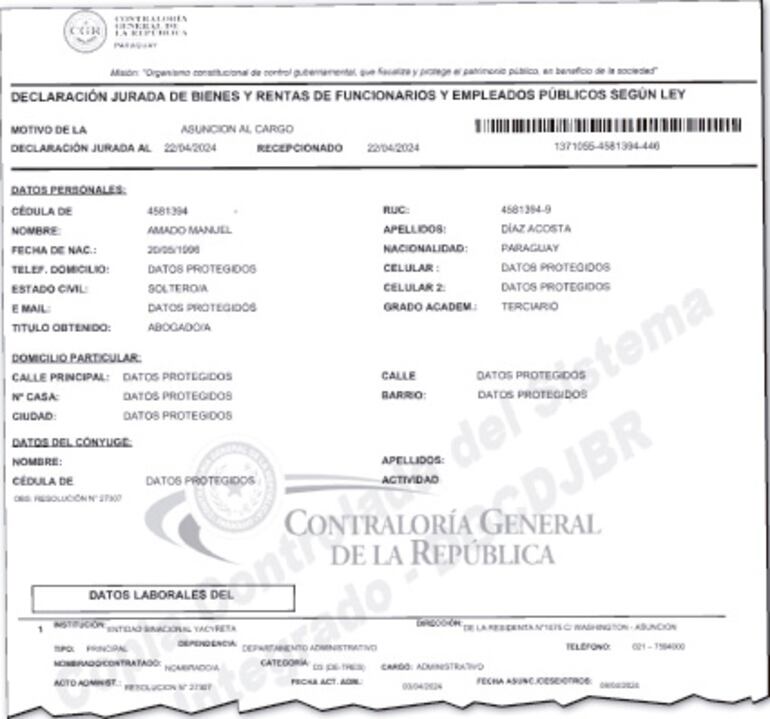 Declaración Jurada del nuevo funcionario de la EBY Amado “Chicho” Díaz Acosta, con un salario mensual de 17.000.000 de guaraníes.