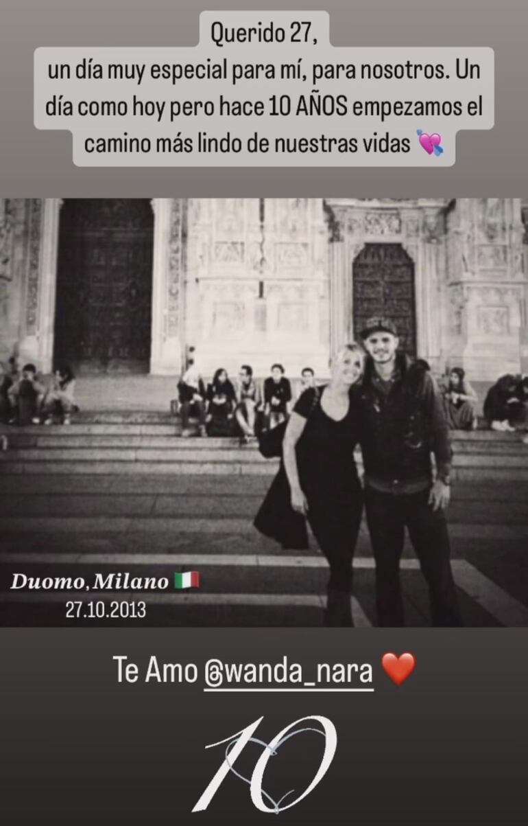 La postal que Wanda Nara y Mauro Icardi se tomaron el día que empezaron su relación de pareja. (Captura de la historia de Instagram de Mauro Icardi)