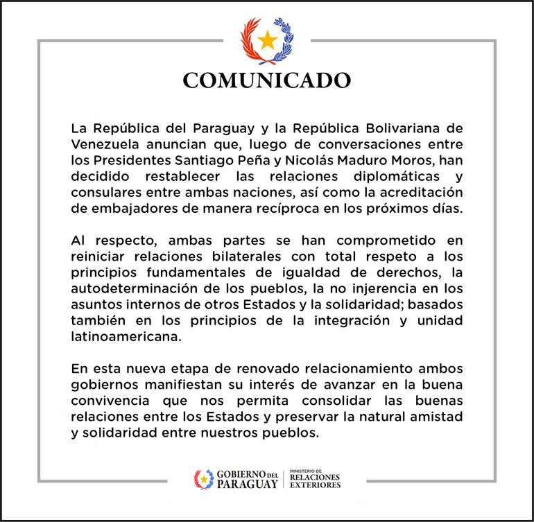 Comunicado de la Cancillería de Paraguay sobre el restablecimiento de las relaciones diplomáticas con Venezuela.