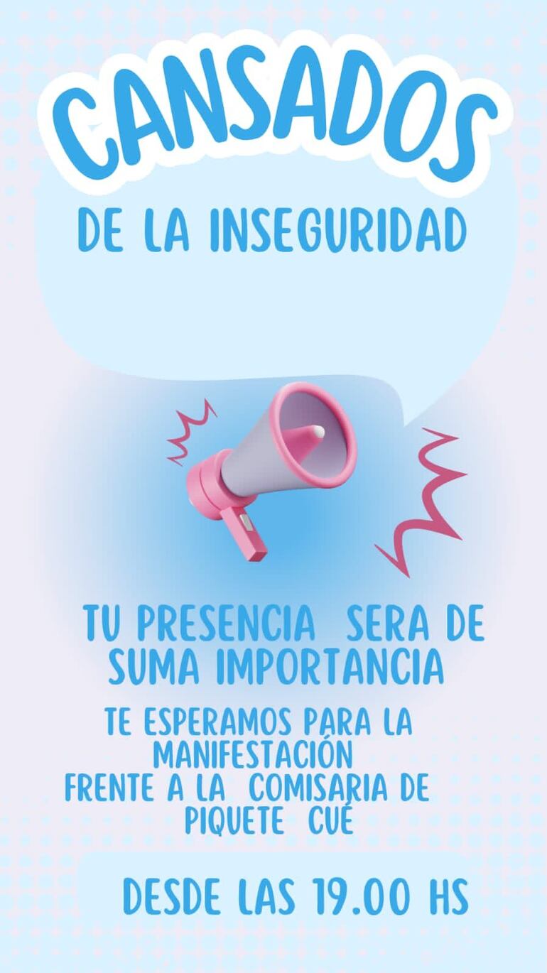 Vecinos de Piquete Cué se convocan para manifestar su repudio a la inseguridad tras violento asalto a estación de servicios.