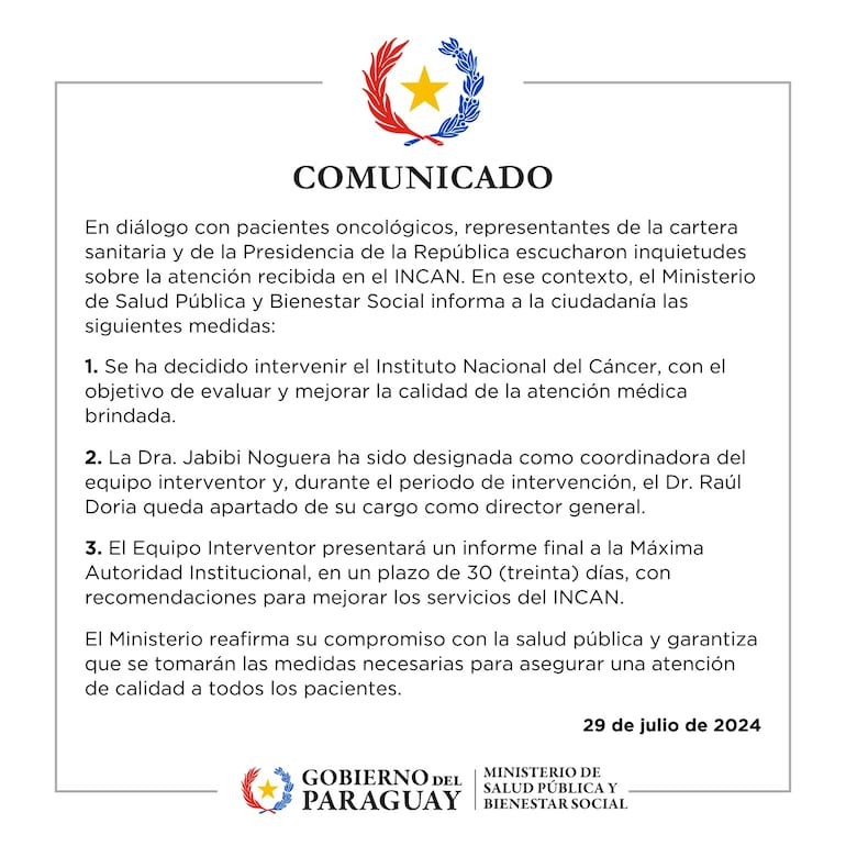 Comunicado del Ministerio de Salud.