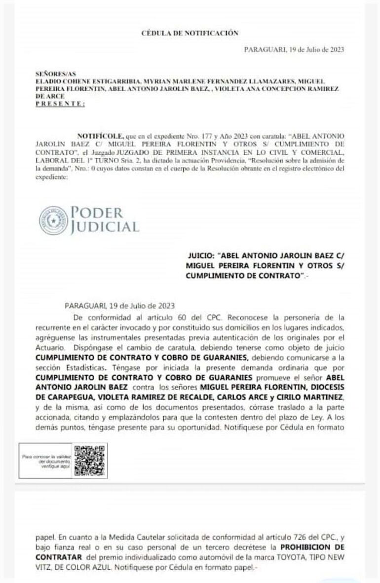 La notificación que recibieron los organizadores de la parroquia y el supuesto ganador Mario Pereira Florentín.