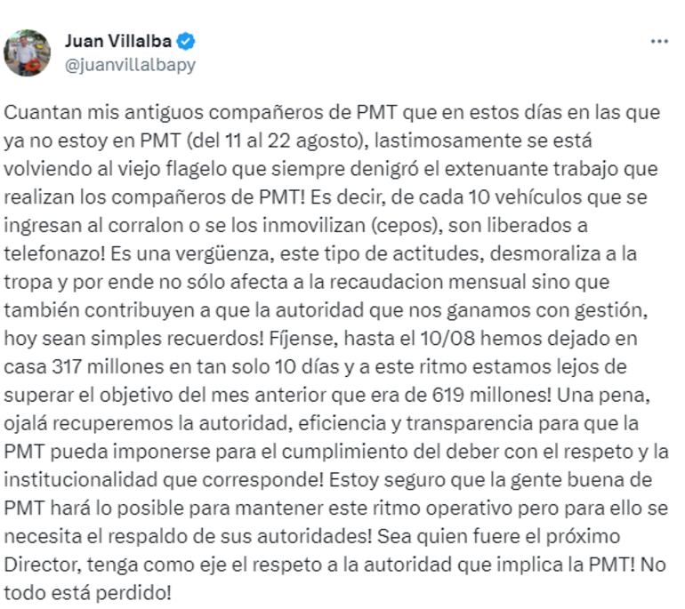 La denuncia de Juan Villalba en Twitter.