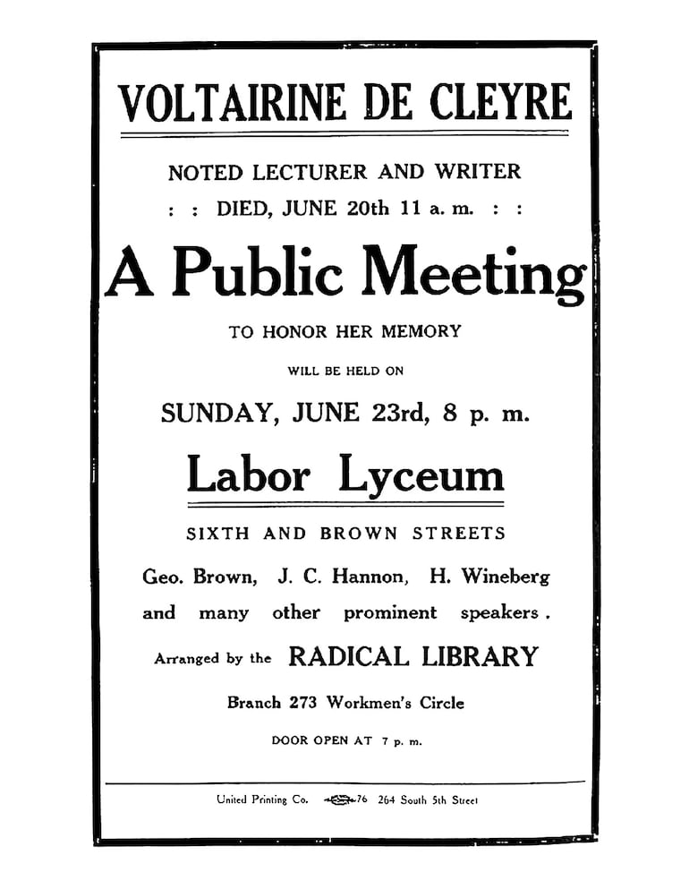 Afiche de un evento en memoria de Voltairine De Cleyre