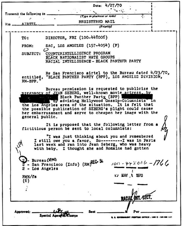 Documento interno del FBI solicitando autorización para instalar el rumor de que la actriz Jean Seberg estaba embarazada de un miembro del Black Panthers Party, 27 de abril de 1970.