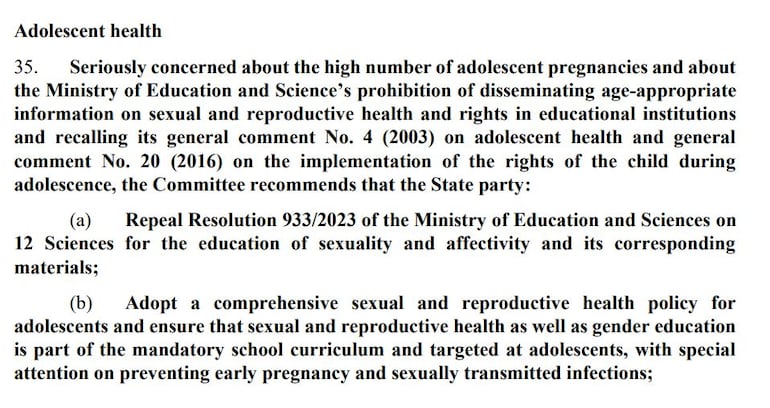 Lo que dice la recomendación del comité sobre los Derechos del Niño de la ONU con respecto a "12 Ciencias para la educación de la sexualidad y la afectividad en la escuela".