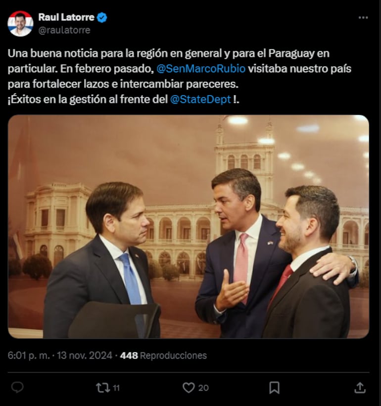 Tweet Raúl Latorre felicitando a Marco Rubio por el anuncio de que sería el nuevo Secretario de Estado del gobierno de Donald Trump en Estados Unidos, pese a que votó en contra de la carne paraguaya.