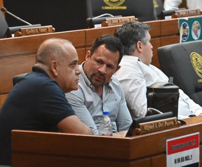 Los ex diputados colorados cartistas, Basilio "Bachi" Nuñez (hoy senador) y Ulises Quintana (también designado significativamente corrupto por Estados Unidos) conversan durante la sesión para decidir el juicio político a la ex fiscala Sandra Quiñónez.