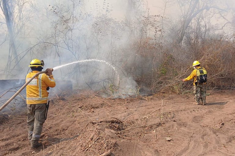 Fotografía cedida por el Ejército de Paraguay de integrantes del III Cuerpo del Ejército y de la Sexta División de Infantería, controlando un incendio el sábado en la estancia Campo Grande, al norte de Alto Paraguay. El Ministerio de Defensa advierte que presentarán denuncias penales contra pirómanos.