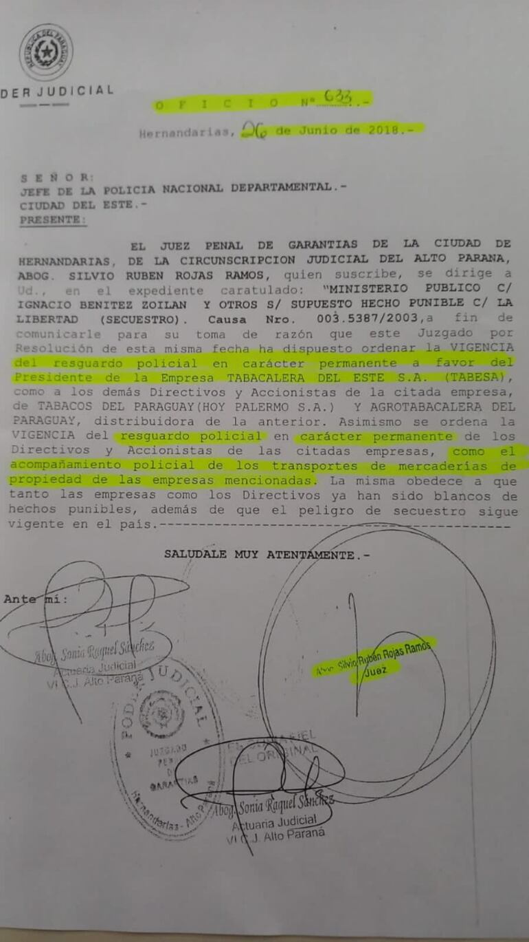 Documento del juez de Alto Paraná de resguardar camiones de Tabesa y empleados de Horacio Cartes.