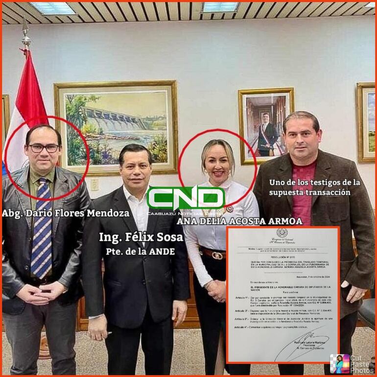 Félix Sosa, presidente de la ANDE, se reunió con implicados en esquema de despojo de indemnizaciones que debían ir destinadas a dos familias de Caaguazú. Anadelia Acosta y Darío Flores son los que actuaron de "gestores".