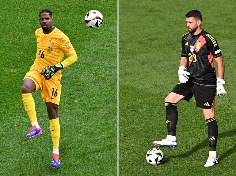 (COMBO) This combination of pictures created on July 7, 2024 shows France's goalkeeper #16 Mike Maignan (L) during the UEFA Euro 2024 round of 16 football match between France and Belgium at the Duesseldorf Arena in Duesseldorf on July 1, 2024; and Spain's goalkeeper #23 Unai Simon during the UEFA Euro 2024 quarter-final football match between Spain and Germany at the Stuttgart Arena in Stuttgart on July 5, 2024. Spain faces France during the UEFA Euro 2024 semi-final football match in Munich on July 9, 2024. (Photo by Alberto PIZZOLI and Miguel MEDINA / AFP)