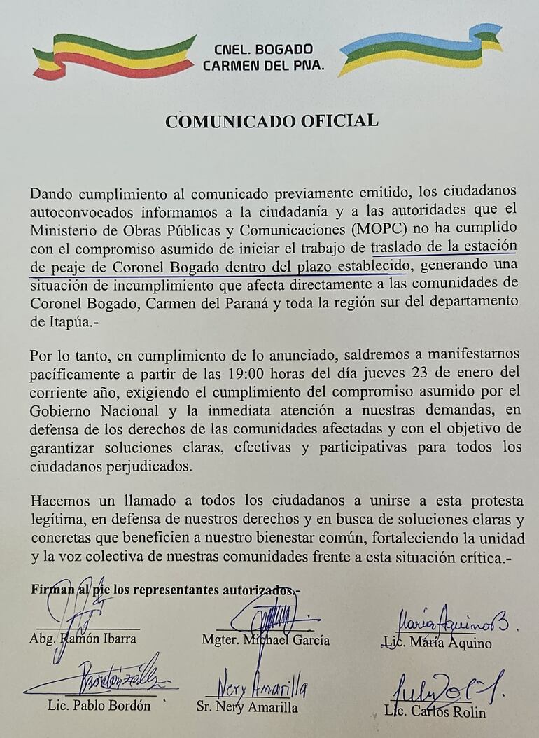 Volverán a manifestarse en Coronel Bogado ante incumplimiento del plazo del MOPC para trasladar el peaje.