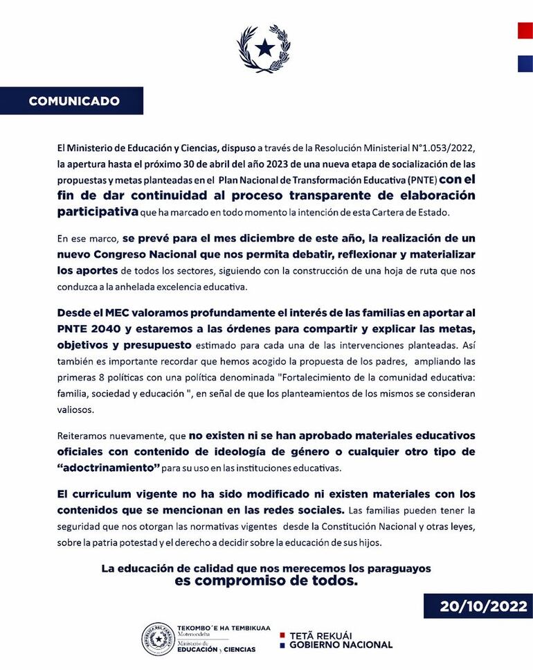 Comunicado del Ministerio de Educación y Ciencias que convoca a una elaboración participativa del Plan Nacional de Transformación Educativa (PNTE). (Fuente MEC).