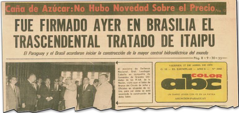 Tapa de ABC Color del día siguiente de la firma del Tratado de Itaipú, que hoy cumple 51 años sin haberse iniciado la revisión del Anexo C.