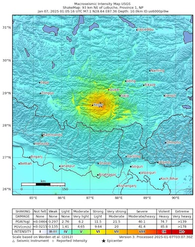 Un mapa de temblores facilitado por el Servicio Geológico de Estados Unidos (USGS) muestra la ubicación de un terremoto de magnitud 7,1 que golpeó cerca de Shigatse, Tíbet, en el sur de China.