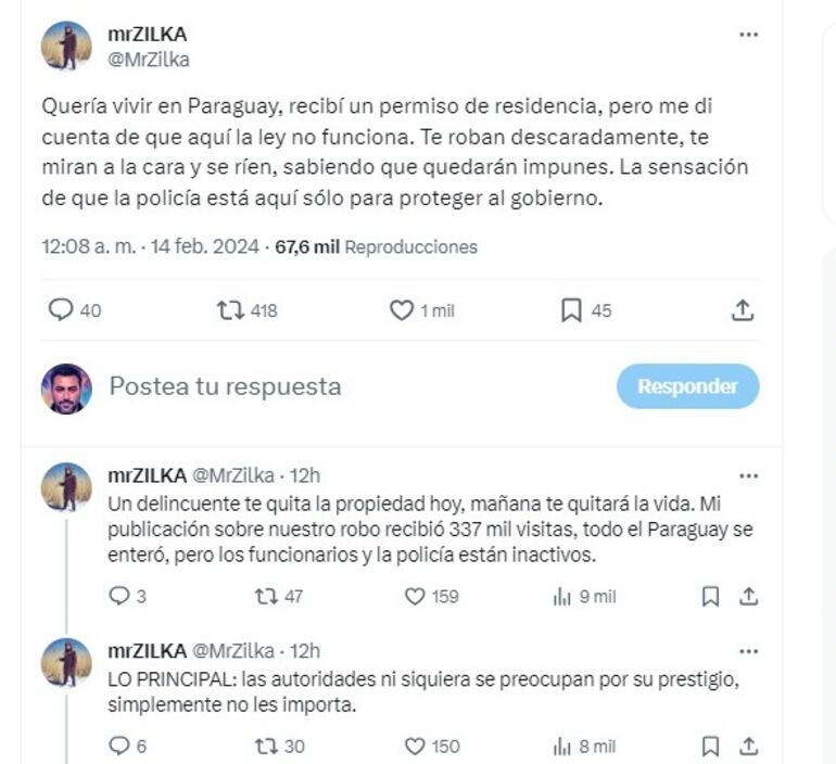 Posteo del denunciante del hurto en la red social X.