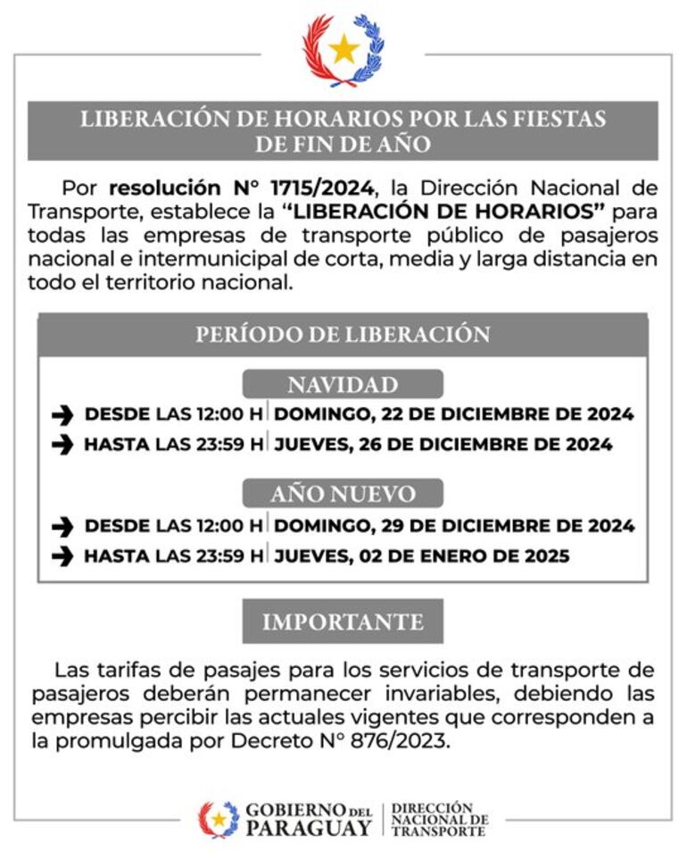 Dinatran dispuso la liberación del horario de buses. 