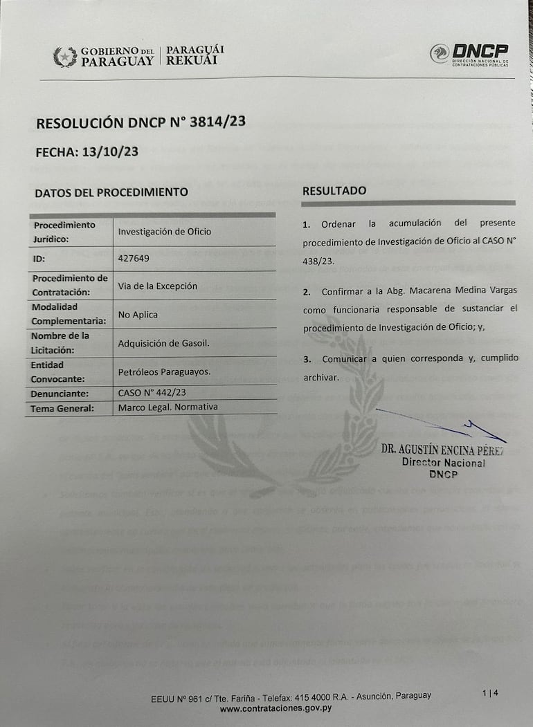 Resolución de la Dirección Nacional de Contrataciones Públicas sobre nueva denuncia en el caso de compra de gasoil de Petropar.