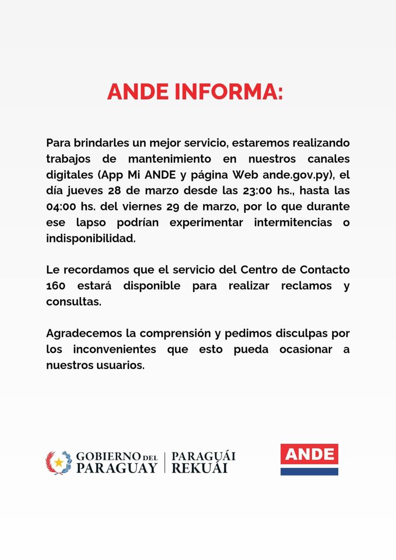 Comunicado de la ANDE sobre los trabajos de mantenimiento a sus servicios digitales.