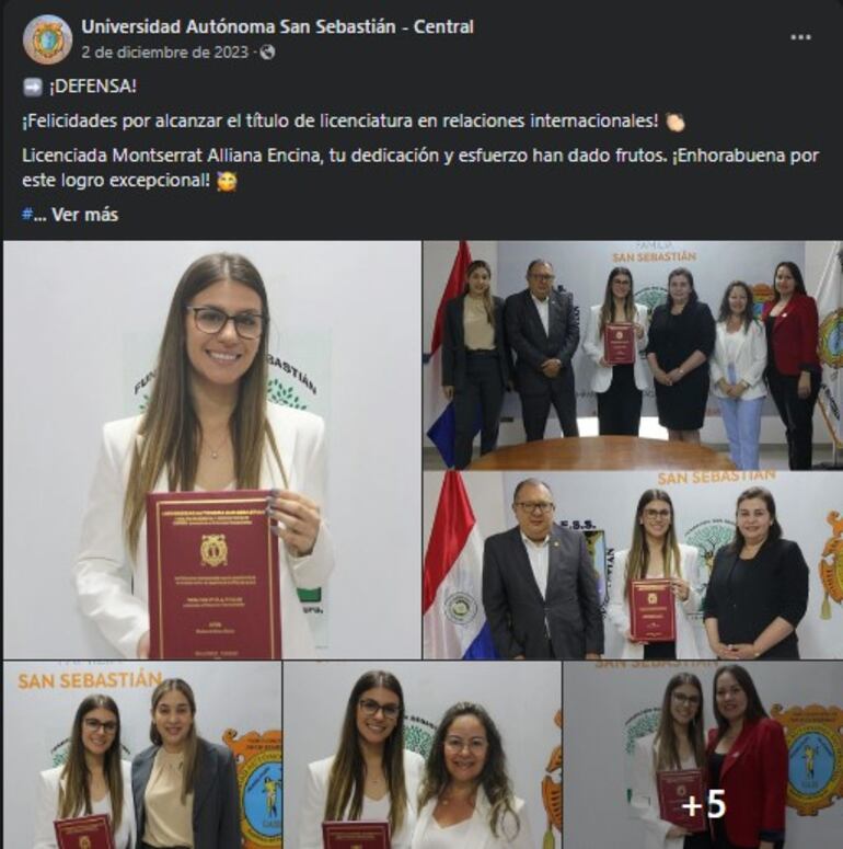 El mismo 2 de diciembre, la universidad felicitó por la defensa de tesis a Montserrat Alliana.