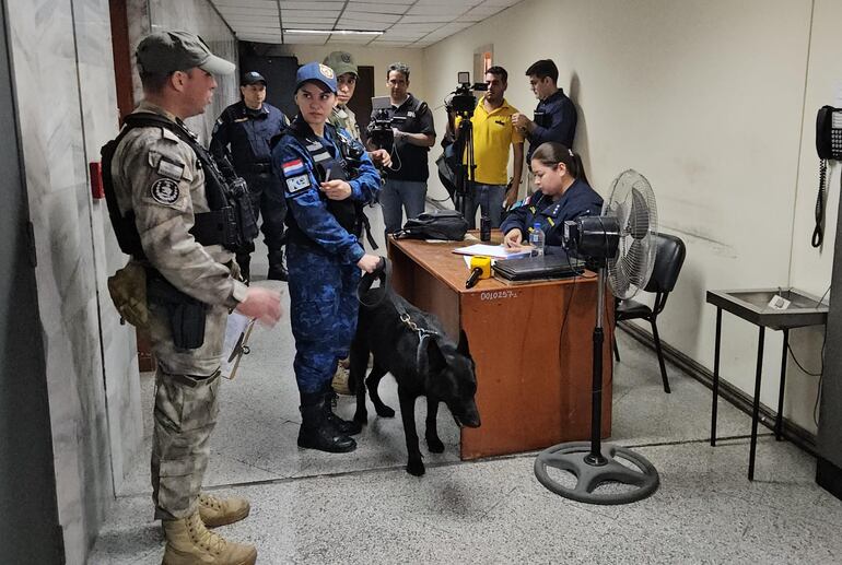 Agentes de las Fuerzas Especiales de la Policía junto al can Kiara verifican el tercer piso Torre Norte del Palacio de Justicia, ante una amenaza de bomba que se recibió a las 7:58 en la central telefónica