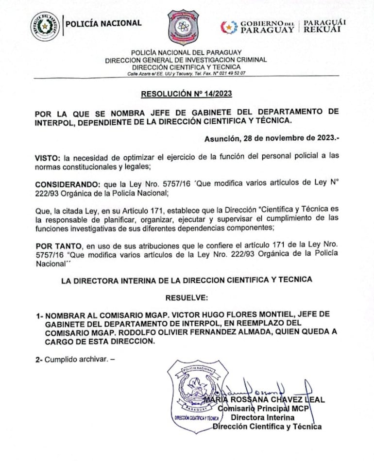 Comunicado de la Policía Nacional.