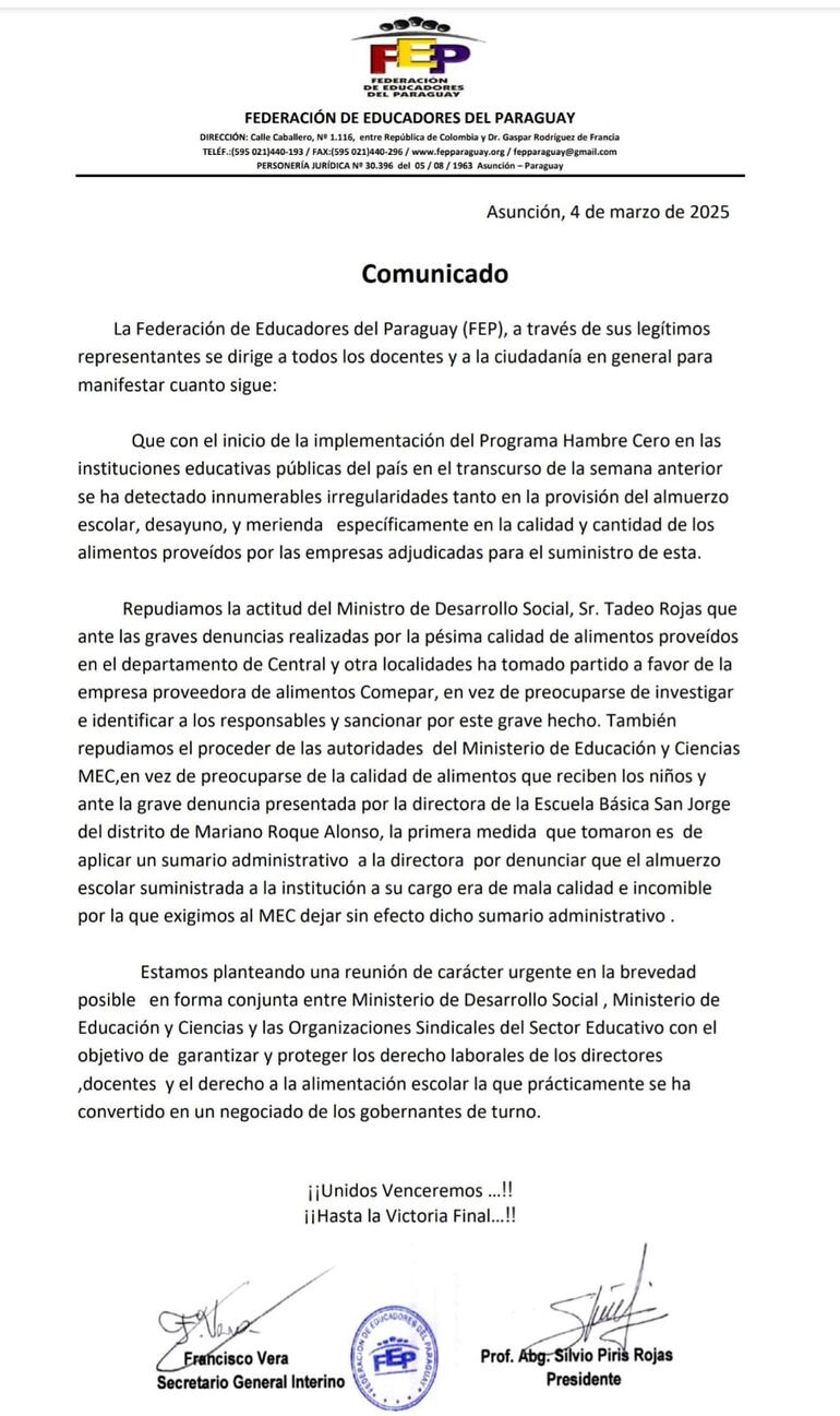 Comunicado de la Federación de Educadores del Paraguay.