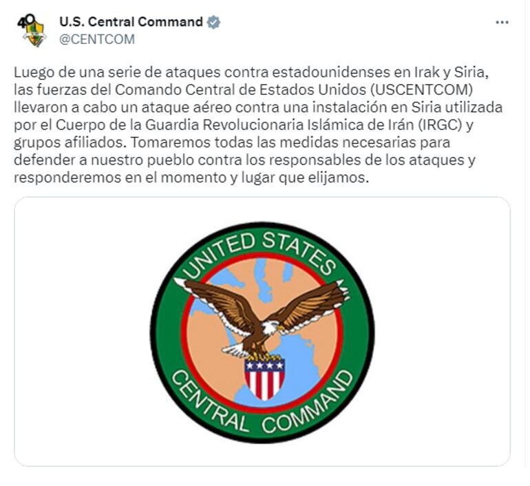 Publicación de la cuenta de X del U.S. Central Command (CENTCOM).