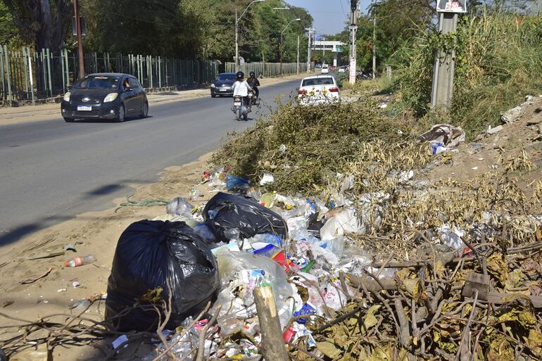 Calle del Jardín Botánico que muestra la acumulación de basura que no es recolectado por la Municipalidad de Asunción. La foto fue tomada ayer a las 10:15. 