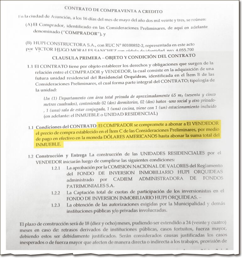 Uno de los contratos firmado por Hupi por la venta de un departamento en el proyecto residencial Las Orquídeas.