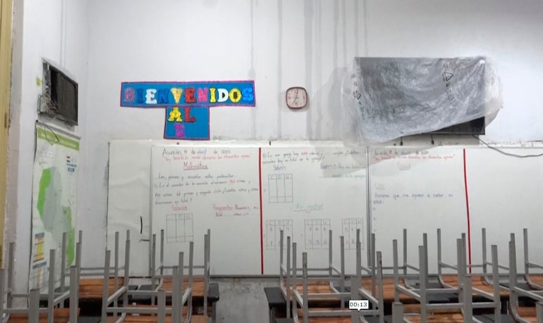 Televisores por la pared y otros artefactos apeligran por goteras y filtraciones en aulas de la Escuela República Argentina.