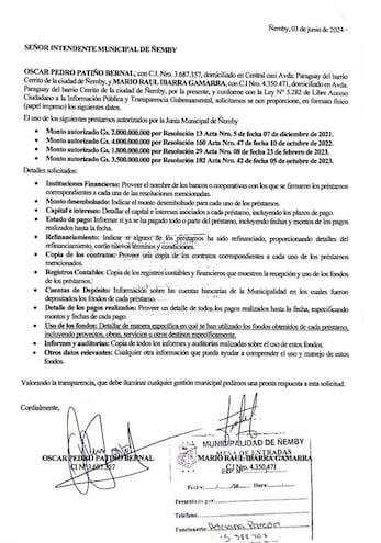 Facsímil del requerimiento realizado por la Contraloría Ciudadana a la administración del intendente de Ñemby, Tomás Olmedo (ANR).