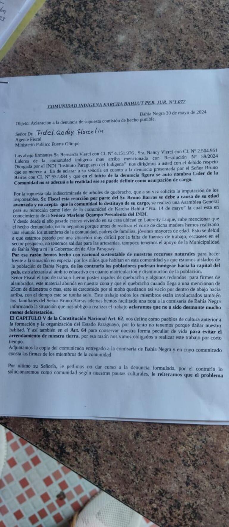 Documento en el que los nuevos líderes aclaran al fiscal Godoy  que Barras se autonombra líder y argumentan que no se adecua a la realidad (gentileza Fiscalía).