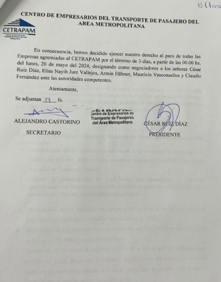 Nota de CETRAPAM dirigida al VMT en la que anuncian el paro desde el 20 de mayo.