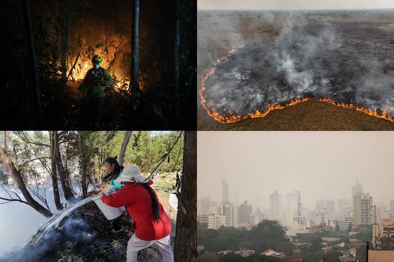 Combo de fotografías de archivo que muestra un bombero trabajando en apagar un incendio en Bolivia (i-arriba), fotografía con un dron de un incendio en una zona de la Amazonía, Brasil (arriba-d), residentes ayudan a mitigar el fuego en Quito, Ecuador (i-abajo) y la contaminación en la ciudad por los incendios en Asunción, Paraguay.