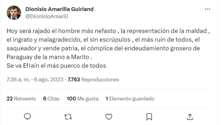 Tweets de Dionisio Amarilla, senador del PLRA, en los que alude que van a "rajar" a Efraín Alegre de la presidencia y del partido.