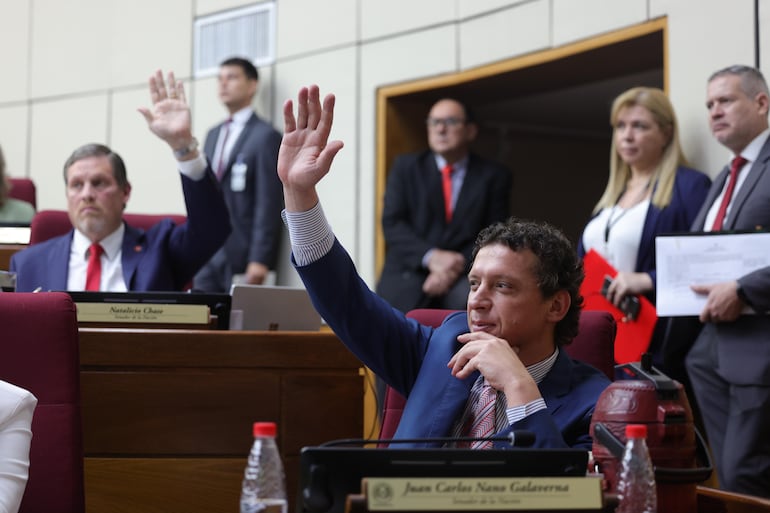 El senador Natalicio Chase, líder de la bancada cartista (fondo) y el senador Juan Carlos Galaverna (ANR, HC) se opusieron como otros senadores a sancionar el proyecto de ley.